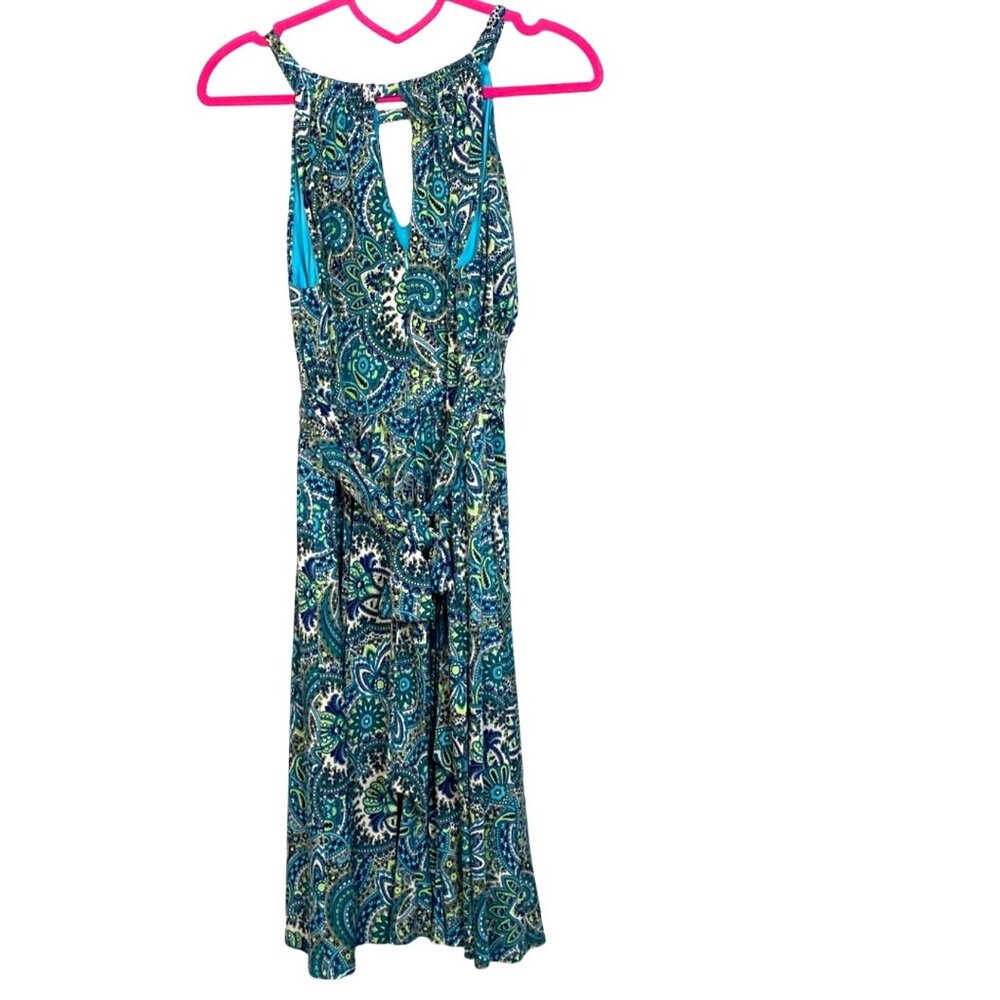 R&K Vintage 90s Blue Paisley Print Sleeveless Keyhole Cut Out Midi Dress Size 14 - Picture 3 of 11